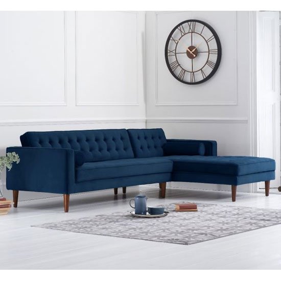 Idrion Velvet Right Facing Corner Chaise Sofa In Blue