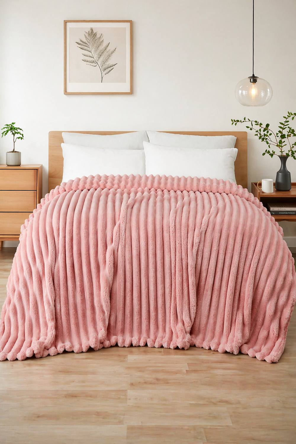 Dyzi Supersoft Ribbed Fleece Throw Blanket for Couch & Bed - Cozy Jacquard Home Blanket in Pink