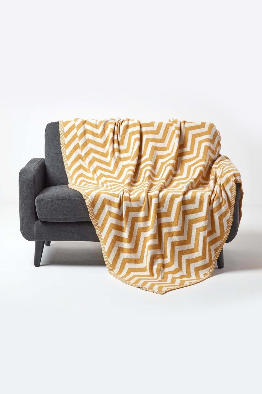 Homescapes Cotton Knitted Geometric Throw in Mustard