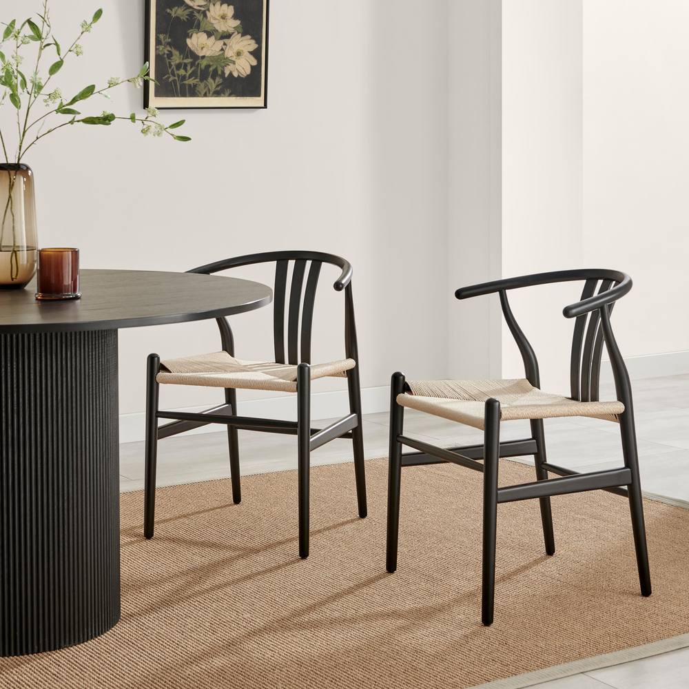 FurnitureboxUK 2x Caia Black Wood & Rope Wishbone Dining Chairs