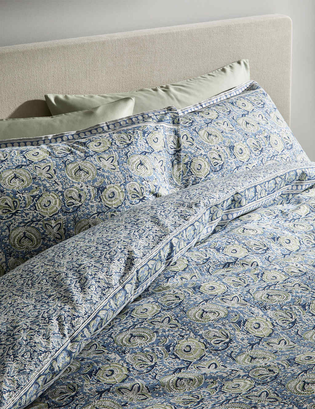 M&S Pure Cotton Floral Woodblock Bedding Set Blue Mix