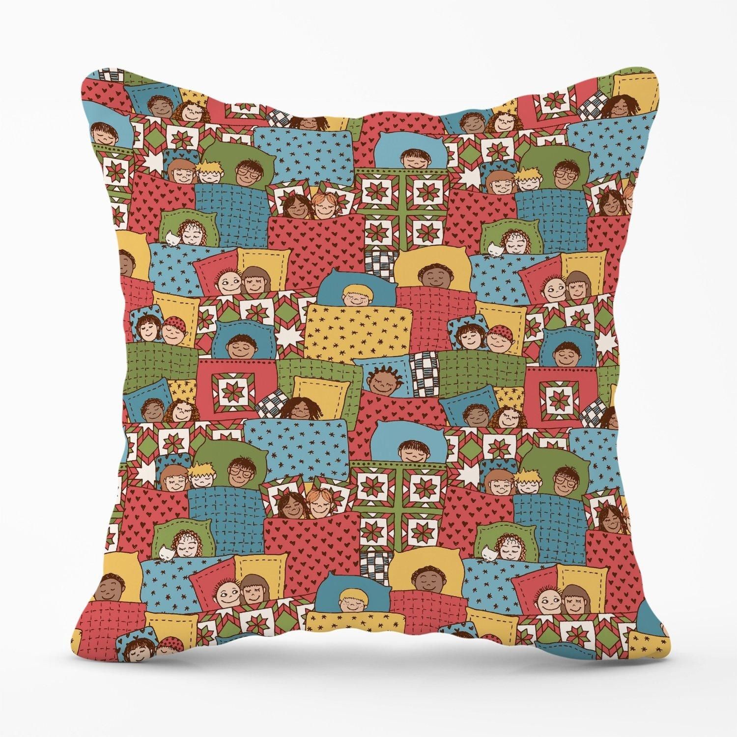 Warren Reed - Designer Hand Drawn Sleeping Doodle Faces Outdoor Cushion in Red