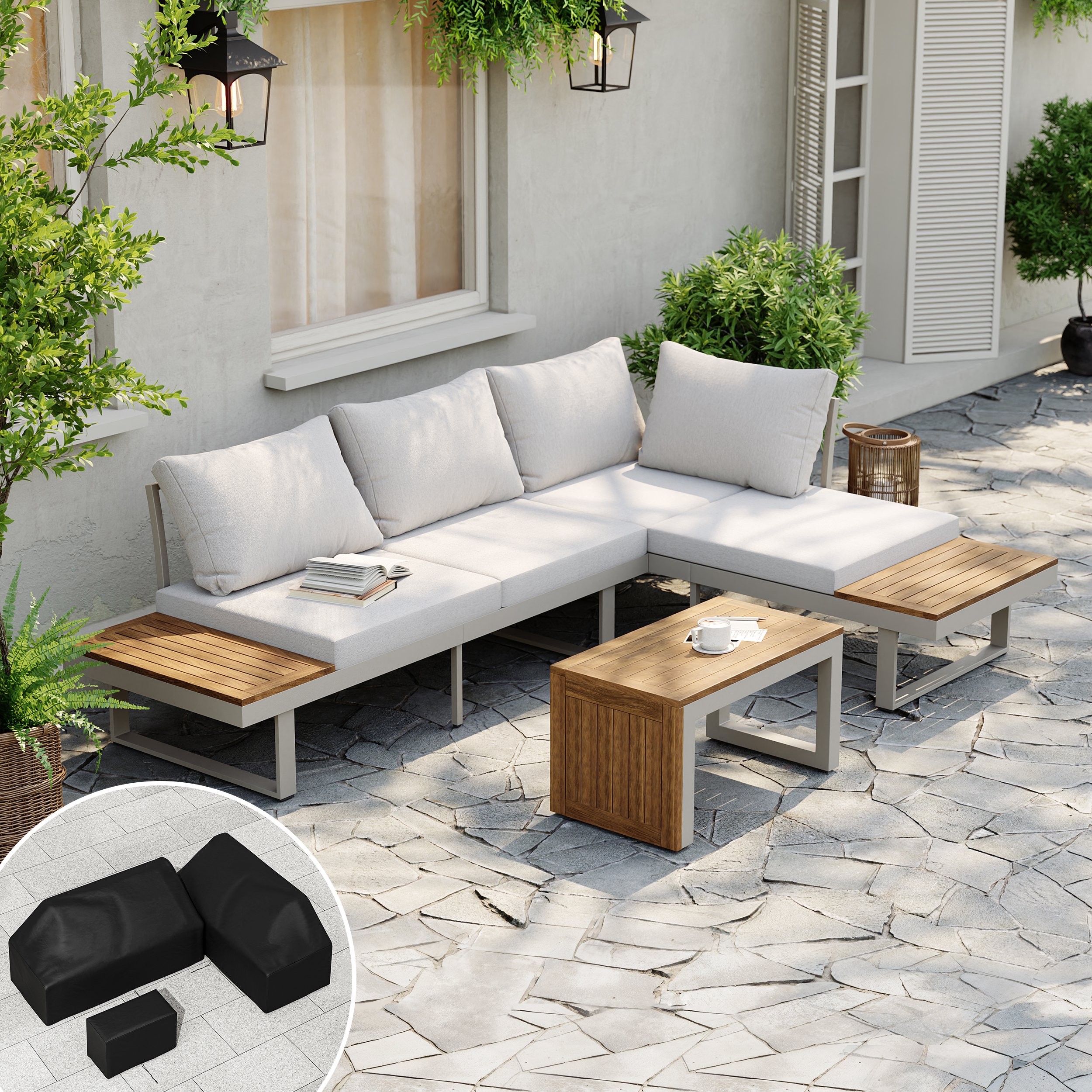 Slatera Outdoor Acacia & Aluminium Modular Sofa Set in Light Grey with Black Cover