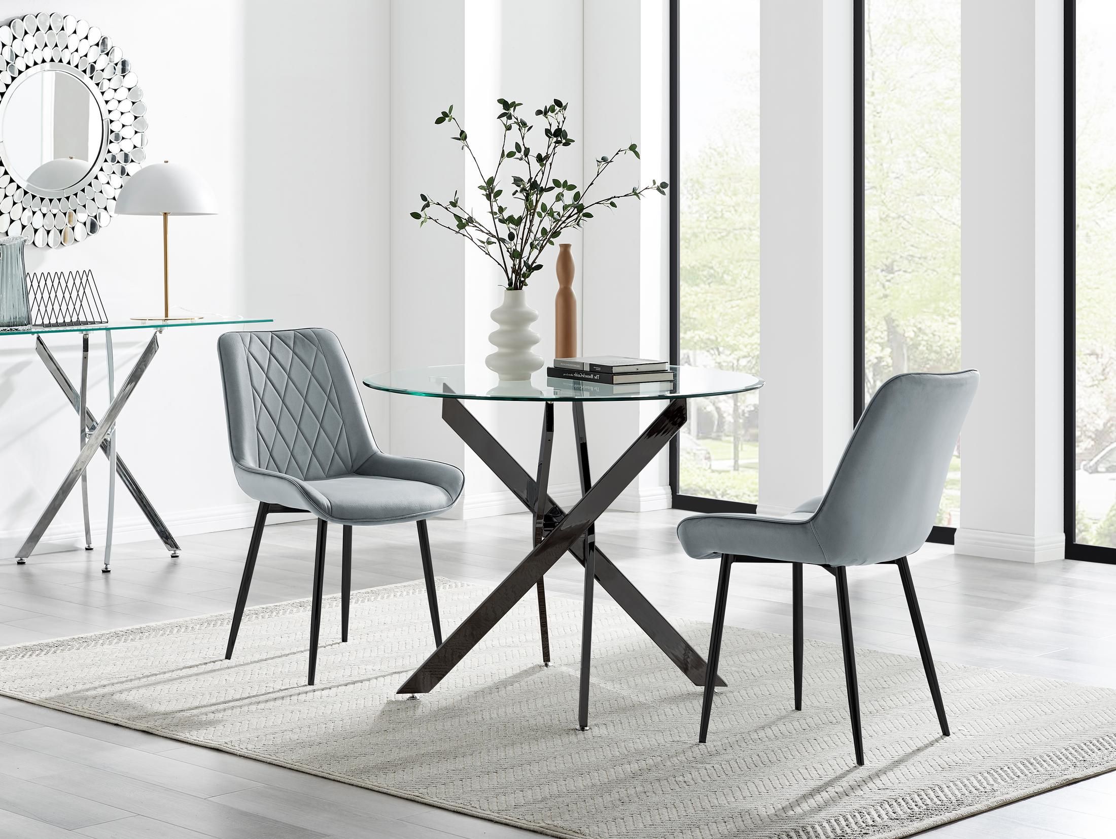 FurnitureboxUK Novara 100cm Round Black Leg Dining Table & 2 Pesaro Black Leg Chairs in Grey