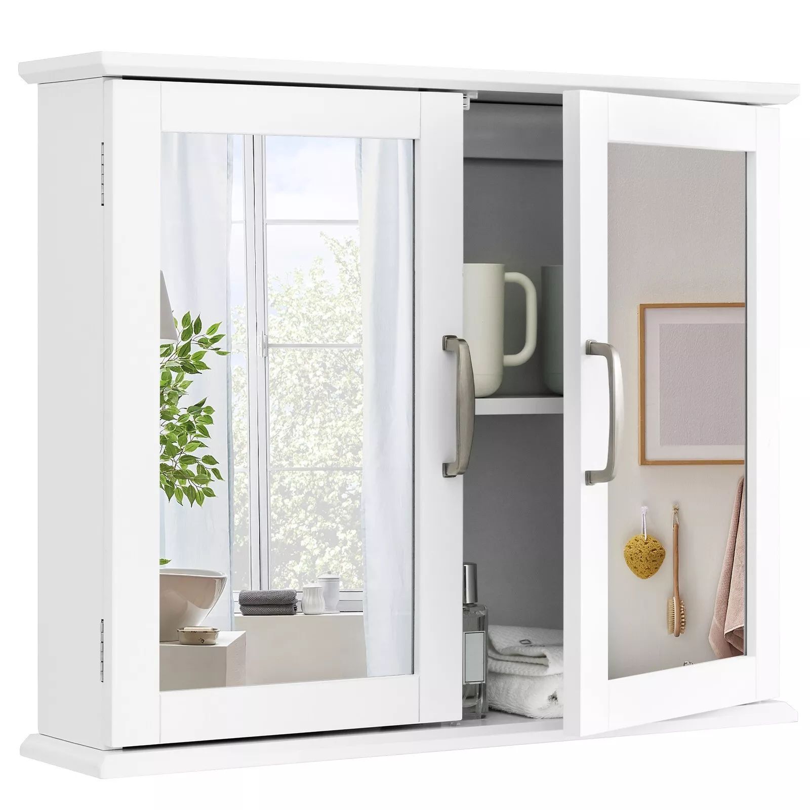 Costway Wall Mounted Bathroom Mirror Cabinet Wooden Storage Cupboard Medicine Cabinet in White