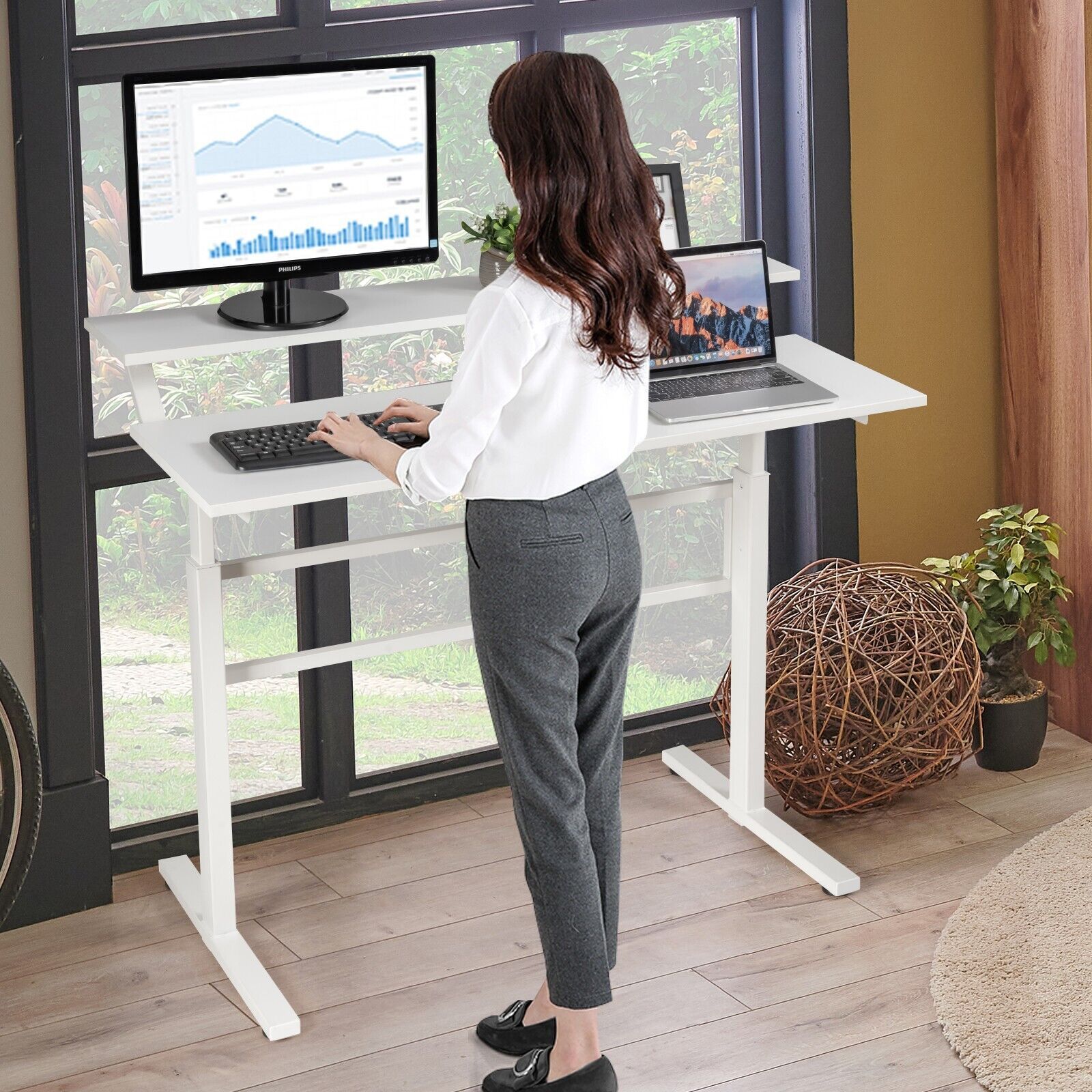 Costway 2-Tier Standing Computer Desk Sit to Stand Workstation Computer Table in White