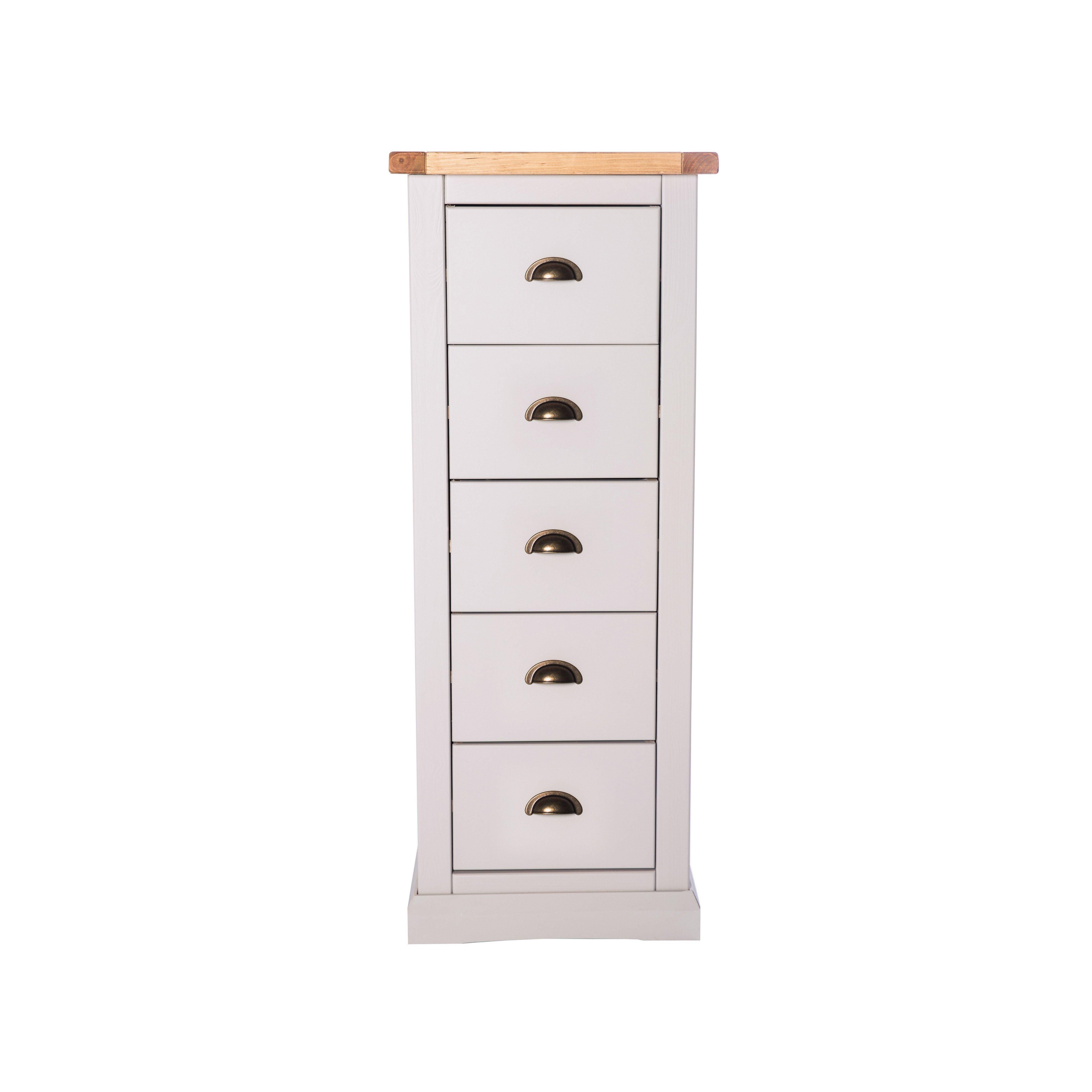 Cabinet Bits Loreo 5 Drawer Narrow Chest of Drawers Brass Cup Handle in Light Grey