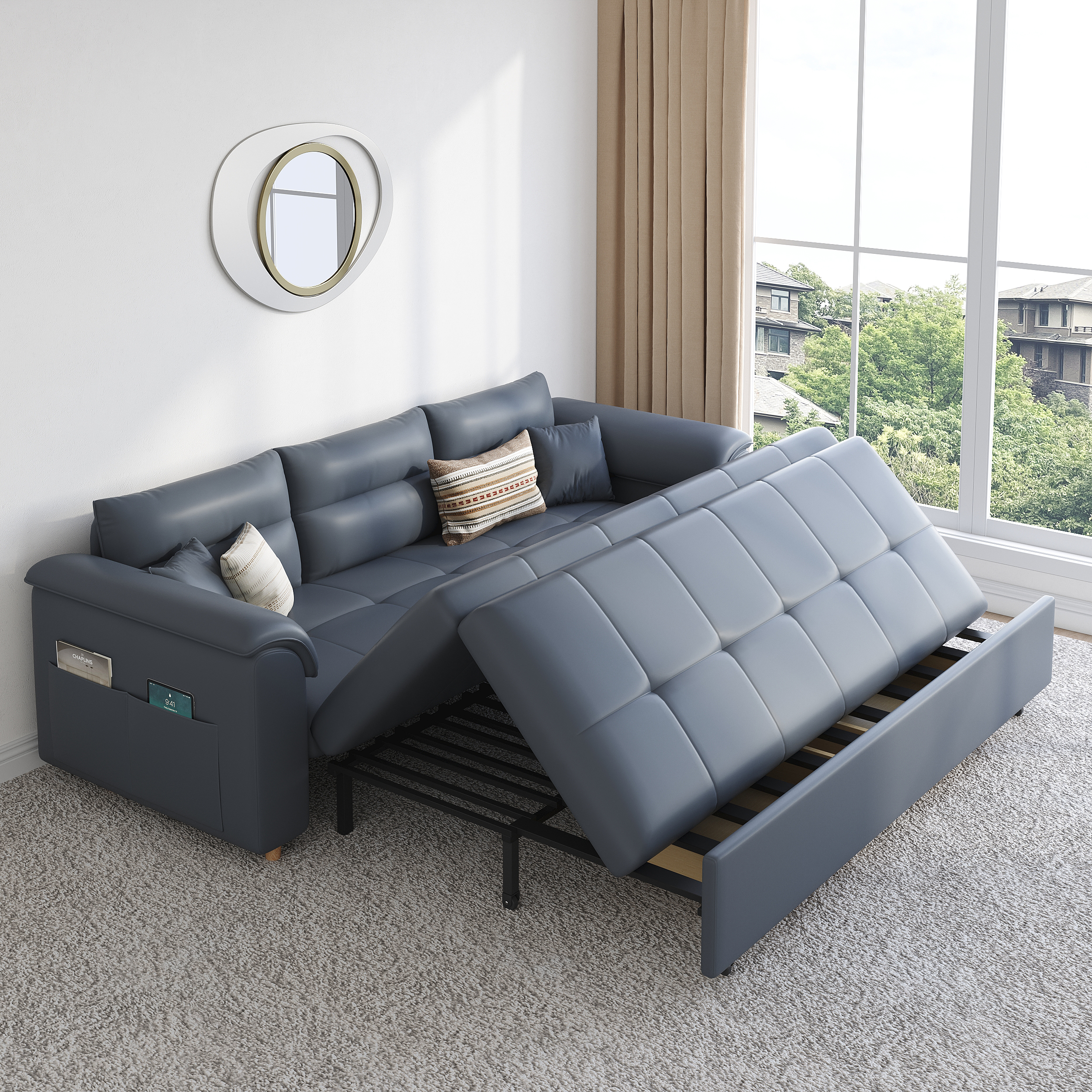 188 cm 2-Seater Leath-Aire Convertible Sofa Bed Deep Gray Full Sleeper Sofa with Storage & Side Pockets