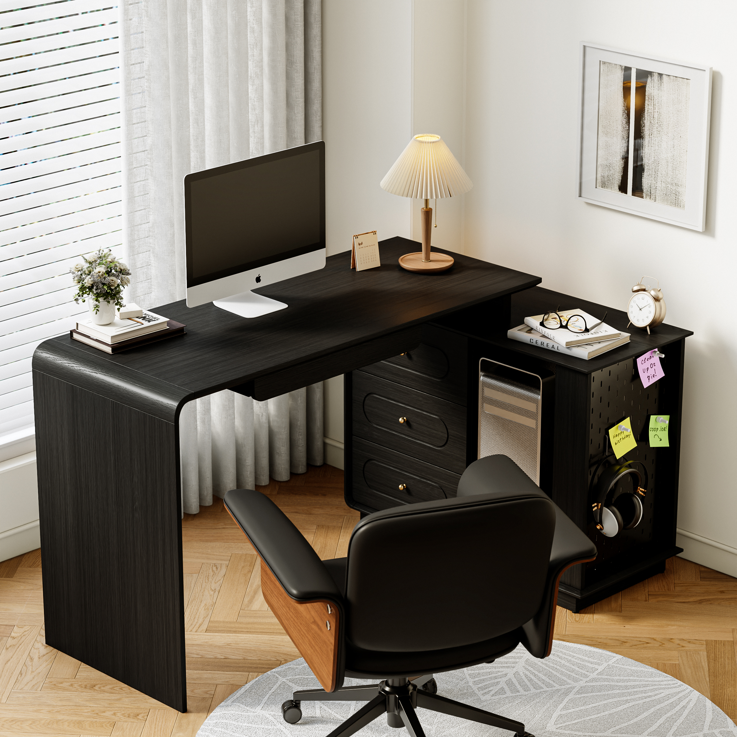 Modern 185 cm L-Shaped Black Rotating Desk with Keyboard Tray & Storage