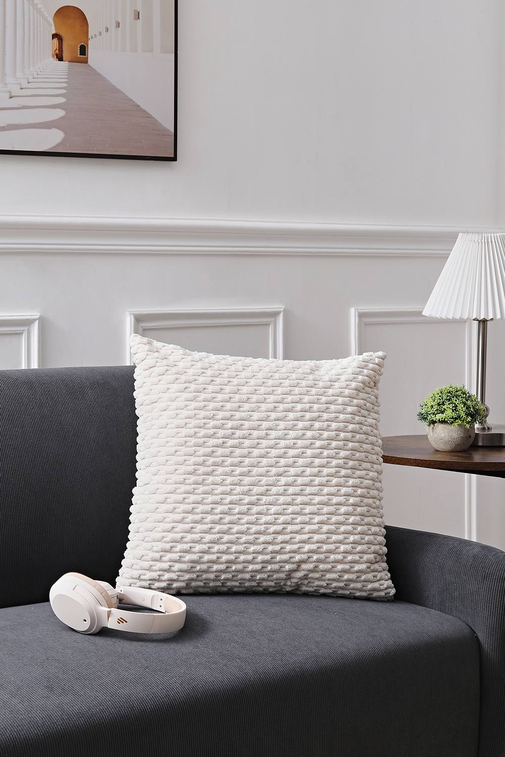 Living and Home Nordic Corduroy Solid Color Striped Throw Pillow Square Sofa Cushion, Beige