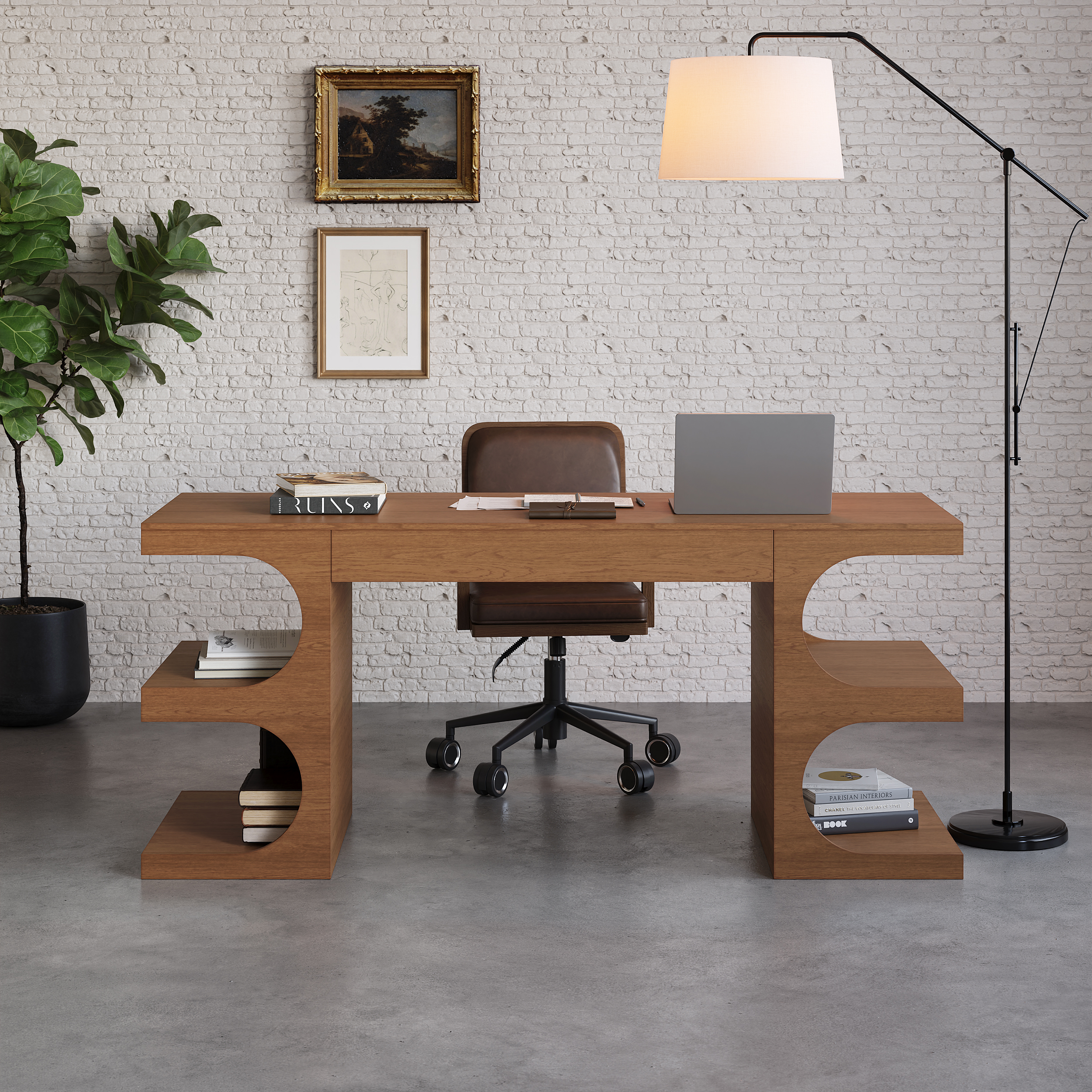 Walnut Office Writing Desk  Desk with Drawer & Shelves Modern Office Furniture (1630mm)