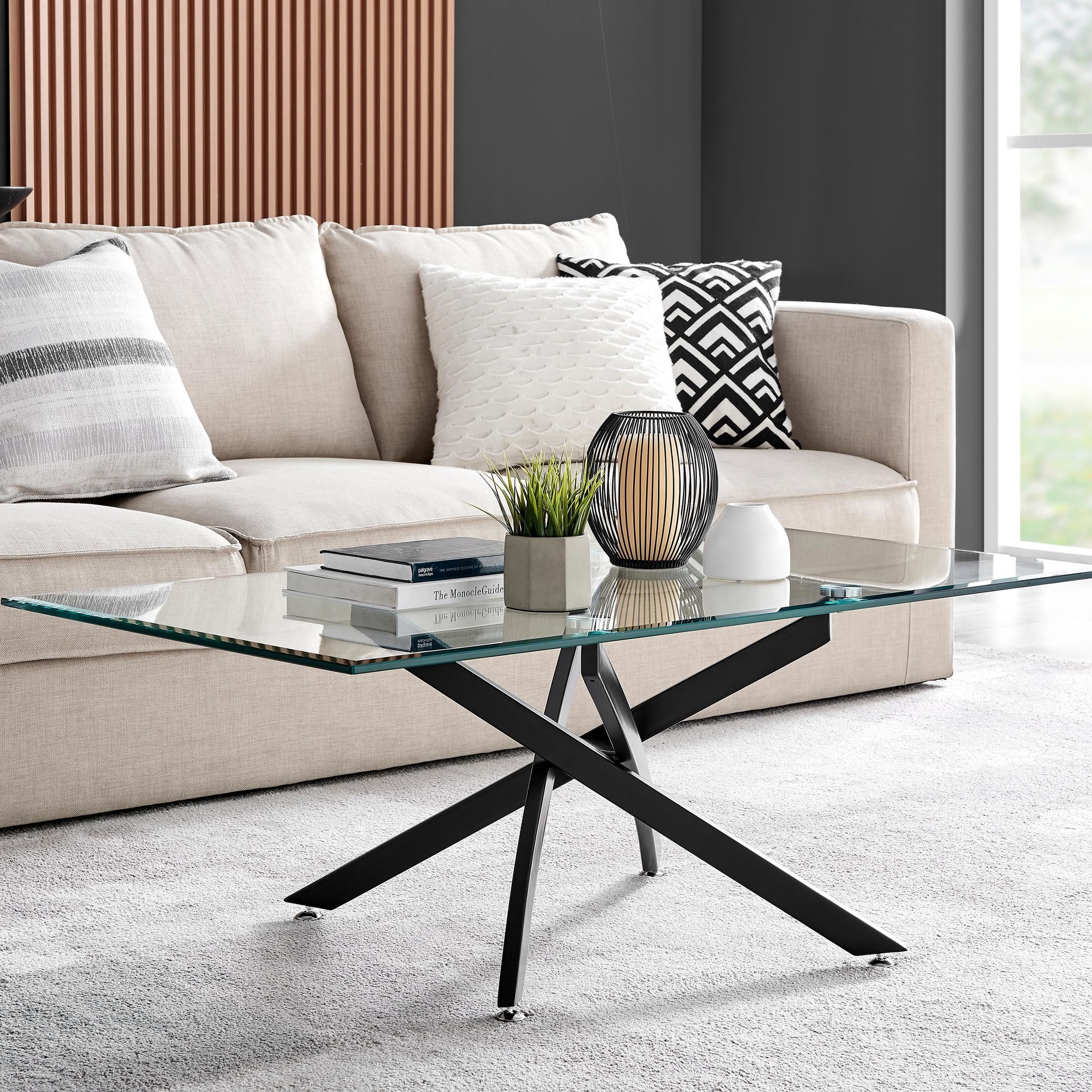 FurnitureboxUK Leonardo Rectangular Glass Coffee Table with Metal Angled Starburst Legs for Modern Living Rooms in Black