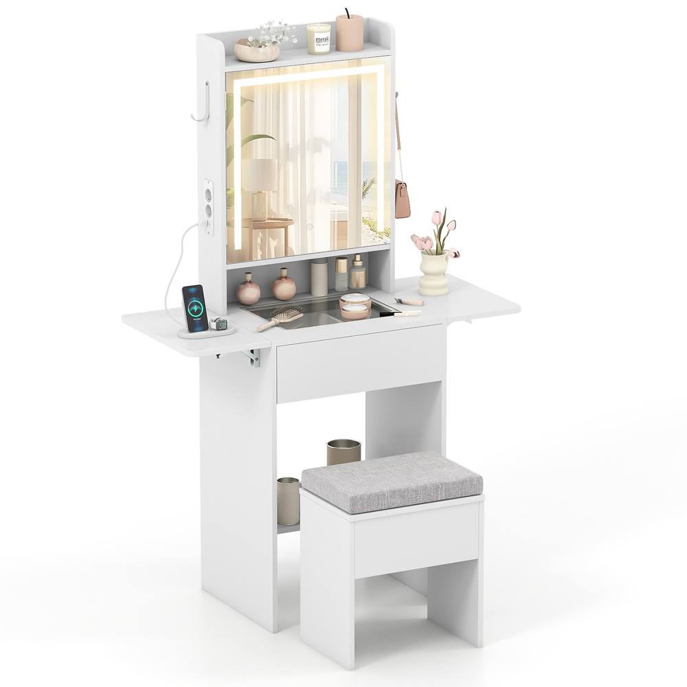 Costway Compact Vanity Desk Makeup Dressing Tablew/ Power Outlets & Mirror in White