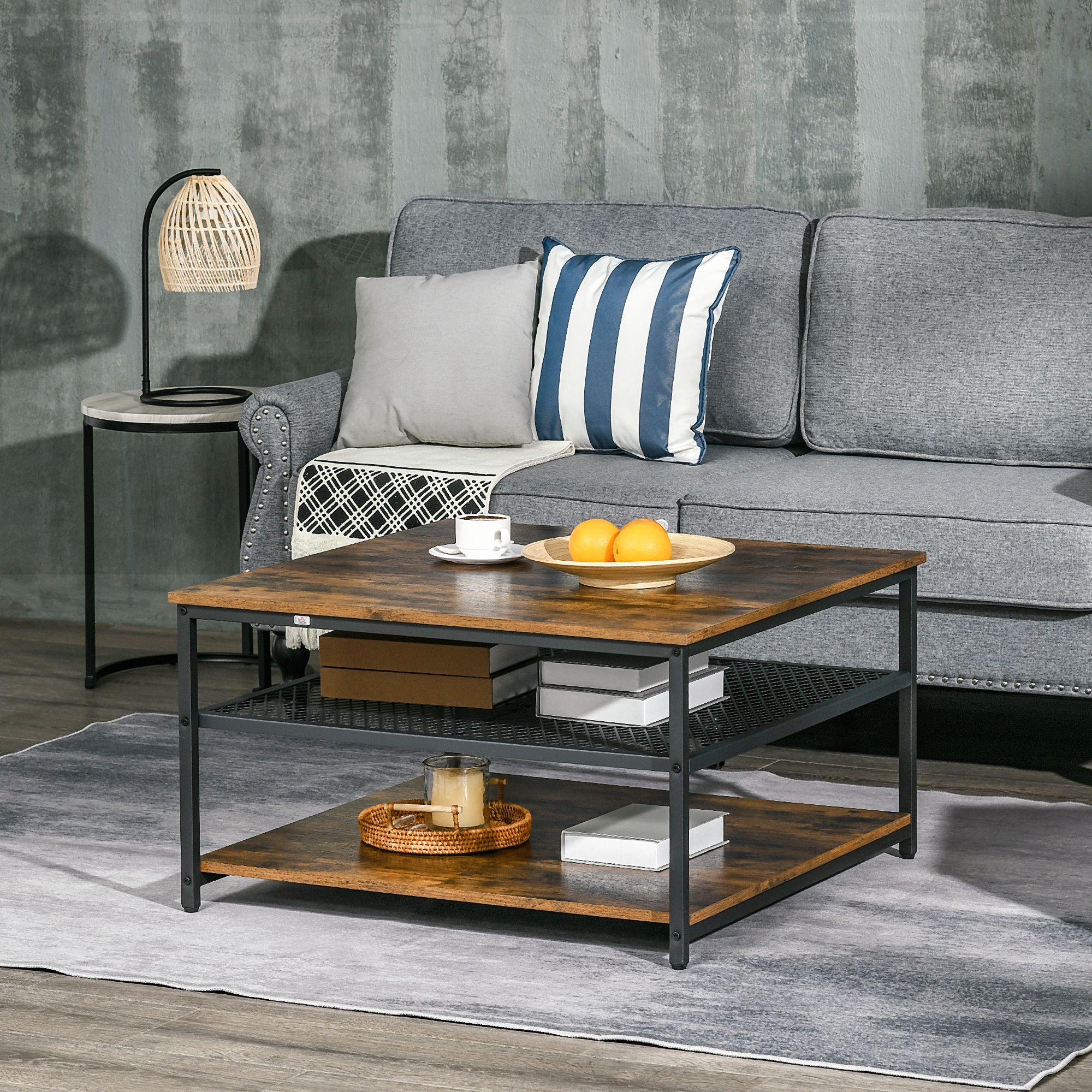 HOMCOM Industrial Coffee Table Centre Table with 3-Tier Storage Shelves in Brown