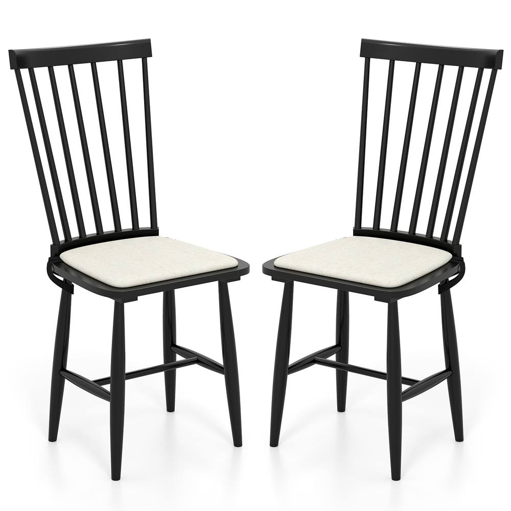 Costway 2PCS Windsor Dining Chair Wooden Chairs w/ Removable Seat Cushion in Black