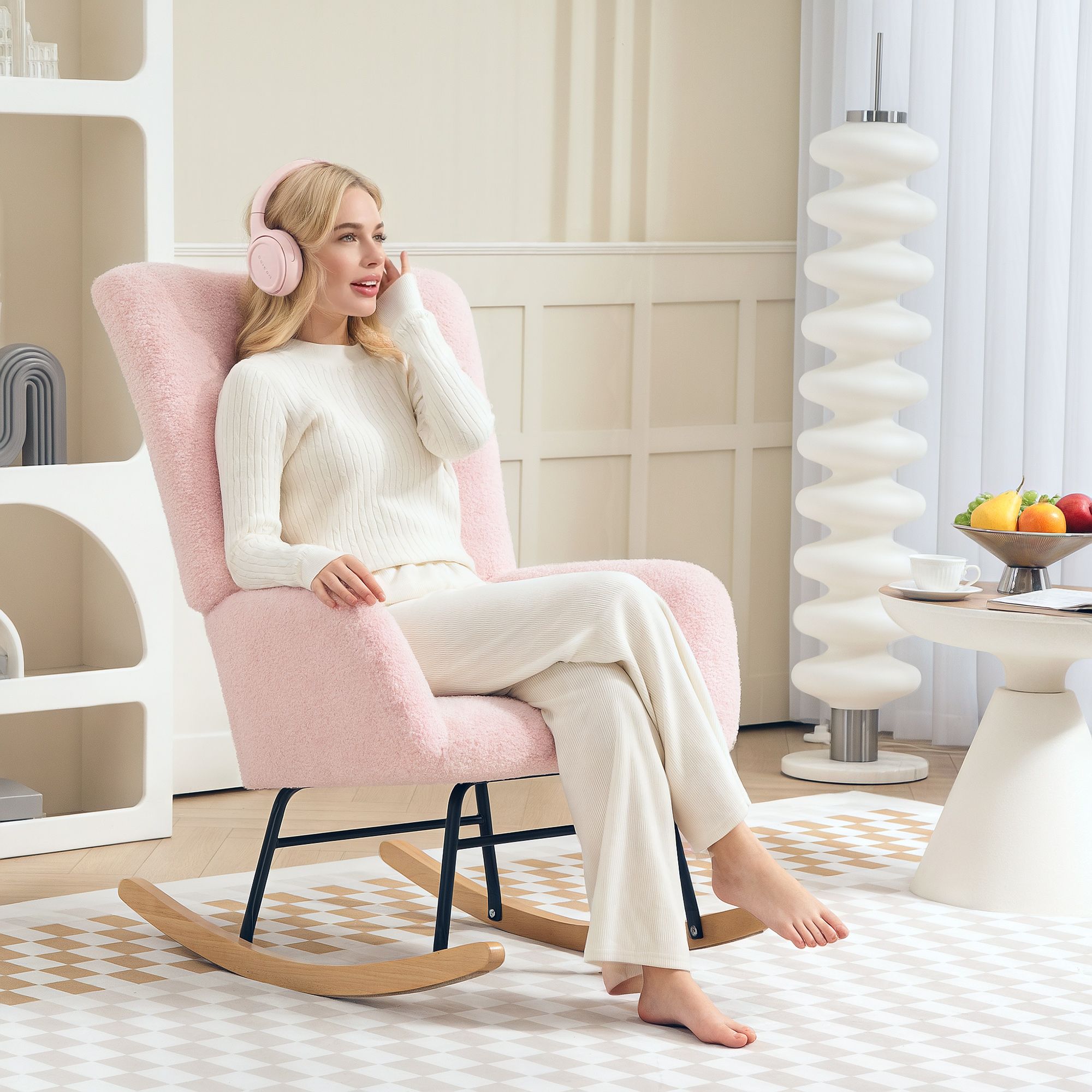 HOMCOM Rocking Chair, Modern Armchair with Backrest for Bedroom in Light Pink