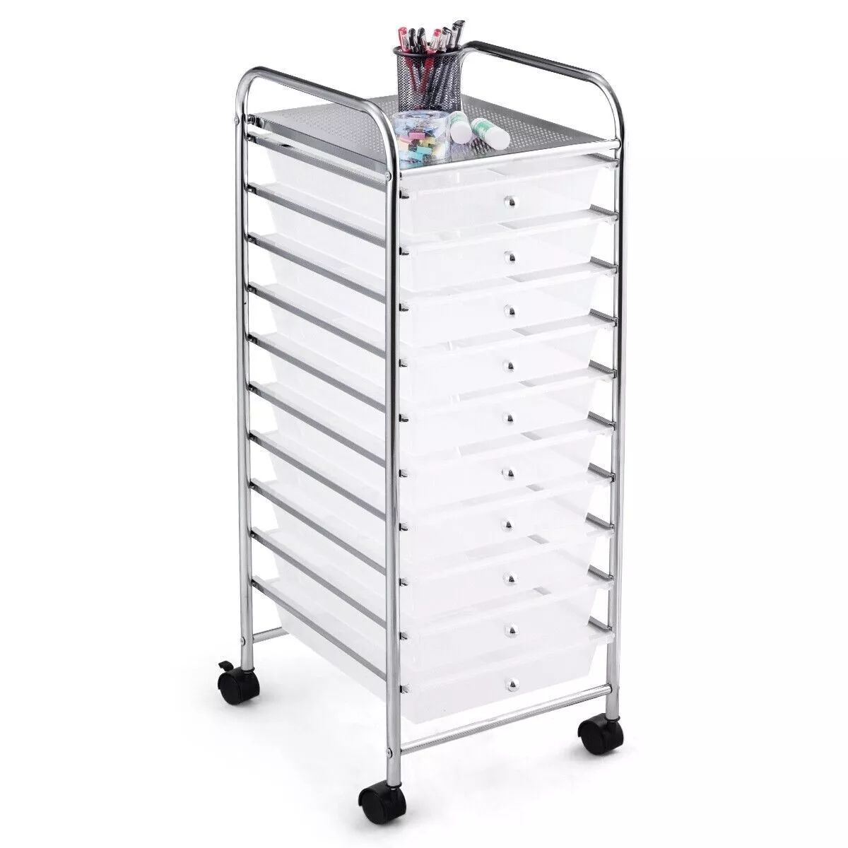Costway 10 Drawers Storage Trolley Mobile Rolling Utility Cart Home Office Organizer in Clear