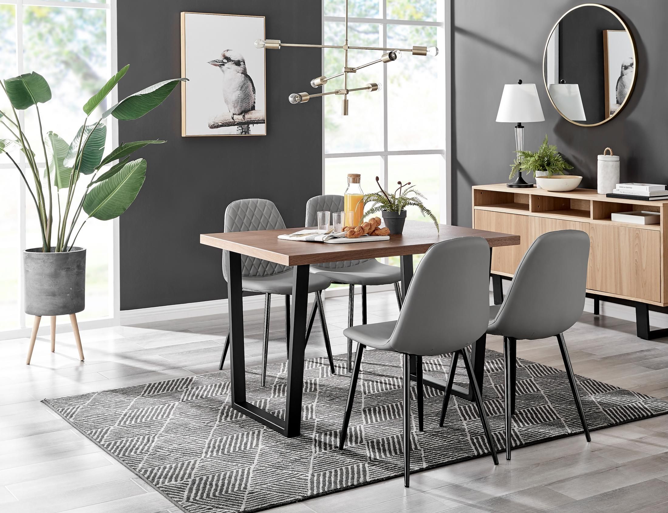 FurnitureboxUK Kylo Brown Wood Effect Dining Table With Black 'U' Legs & 4 Corona Faux Leather Chairs in Grey