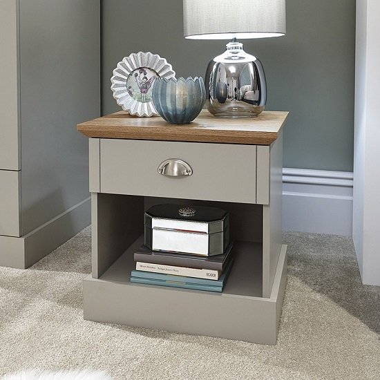 Ervin Bedside Table In Soft Grey With Oak Effect Top