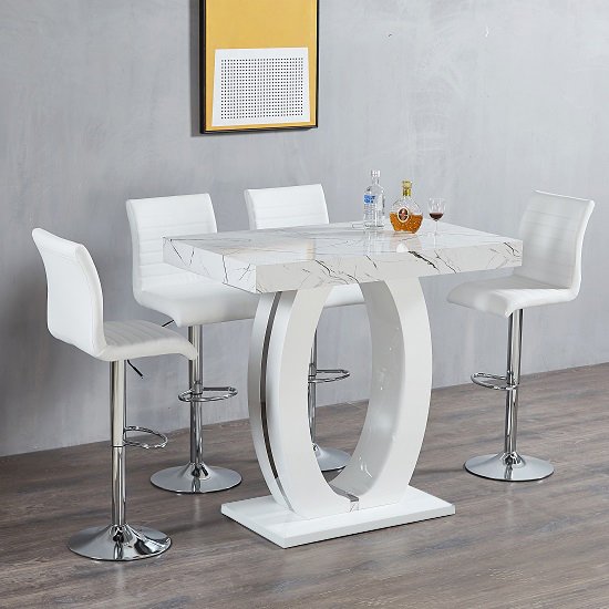 Halo Shiny Vida Marble Effect Bar Table 4 Ripple White Stools