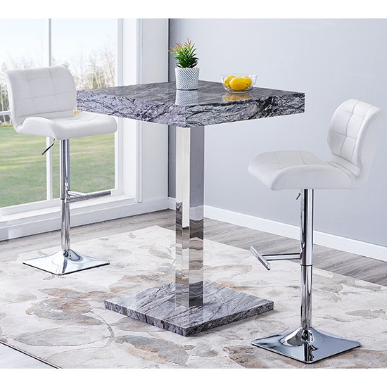Topaz Gloss Bar Table In Melange Marble Effect With 2 Candid White Bar Stools