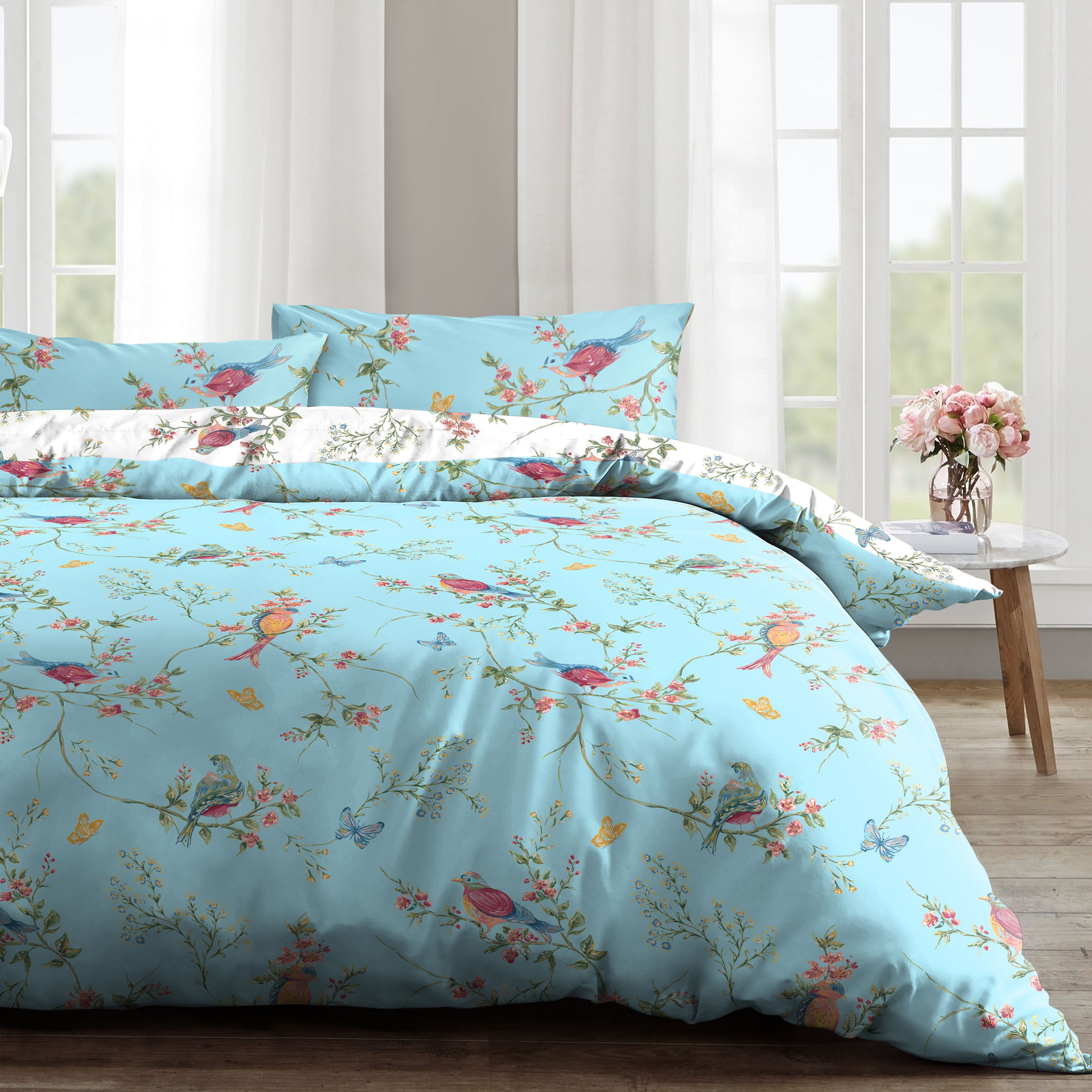 Velosso Birds Floral Cotton Rich Printed Duvet Cover & Pillowcase Set in Duck Egg Blue