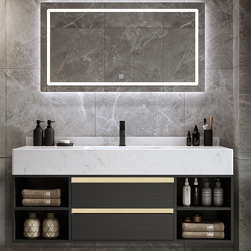 100 cm Floating Bathroom Vanity Set Cultured Marble Black with Ceramic Sink & 2 Drawers