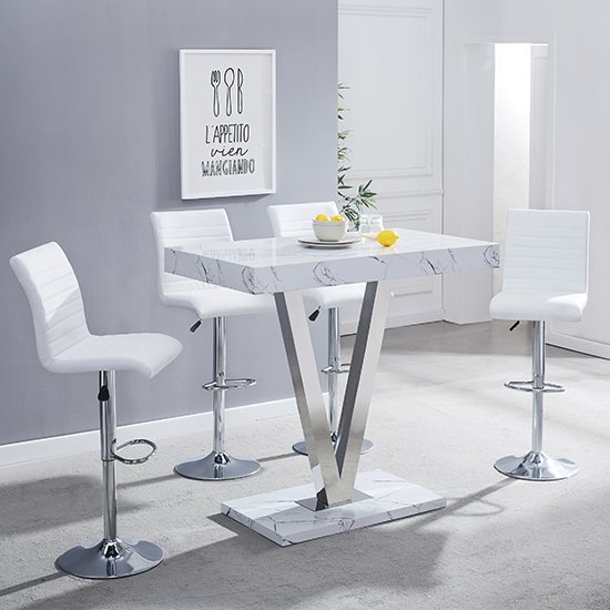 Vienna Vida Marble Effect Gloss Bar Table 4 Ripple White Stool