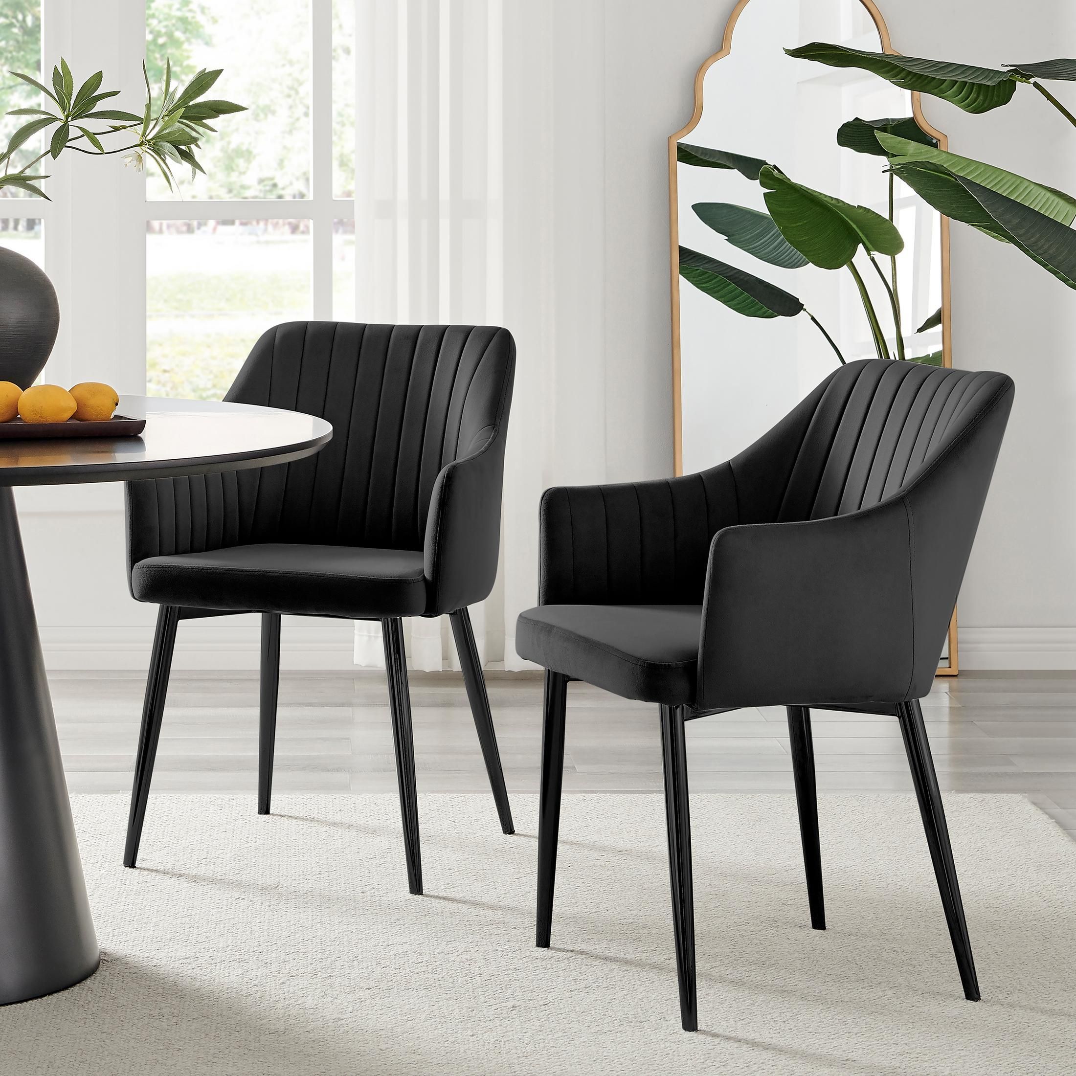 FurnitureboxUK Set of 2 Calla Deep Padded Dining Chairs Upholstered in Soft Velvet With Black Metal Legs
