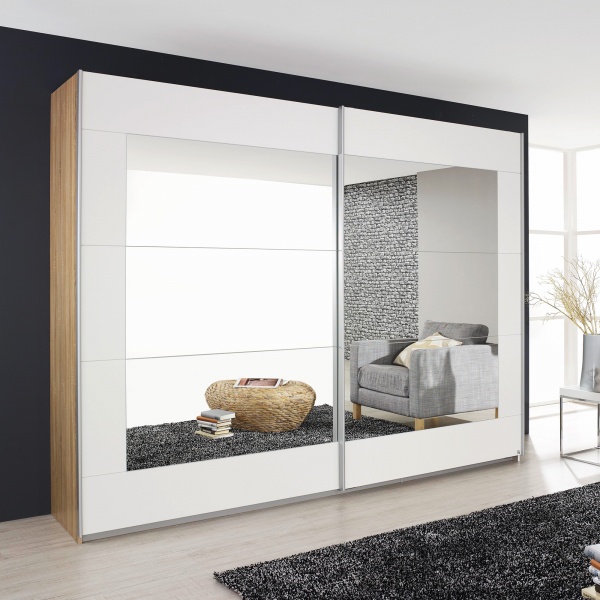Sliding 2 Door Wardrobe With Large Mirrored Pannels - White / Light Brown - Barker & Stonehouse