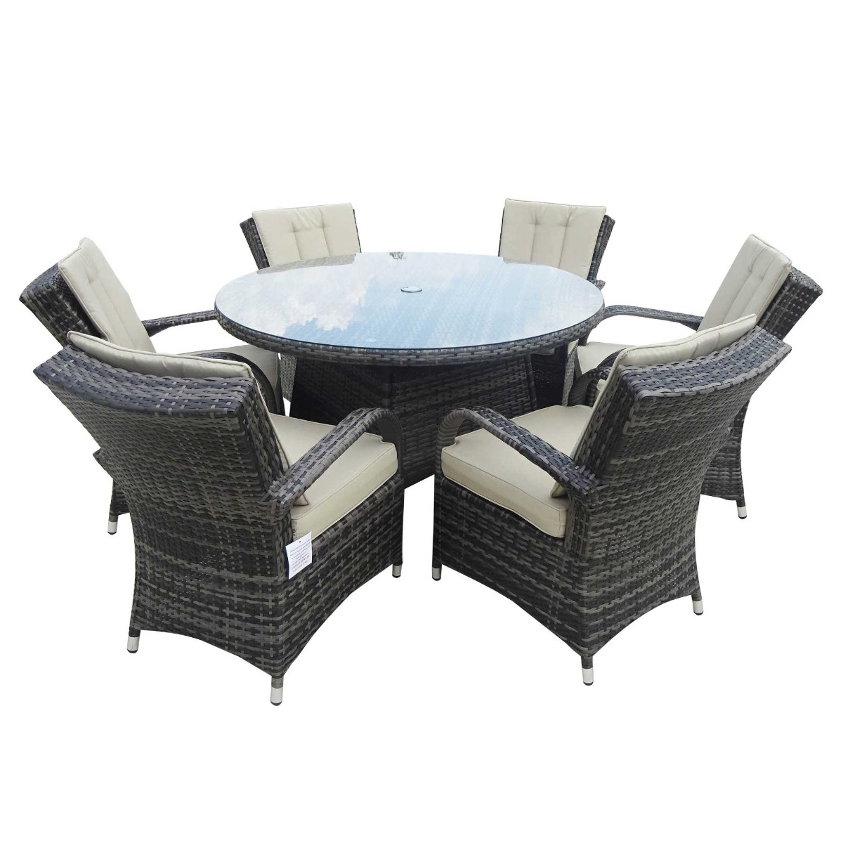 Grasmere 6 Seat Round Garden Set in Brown Weave and Beige Fabric