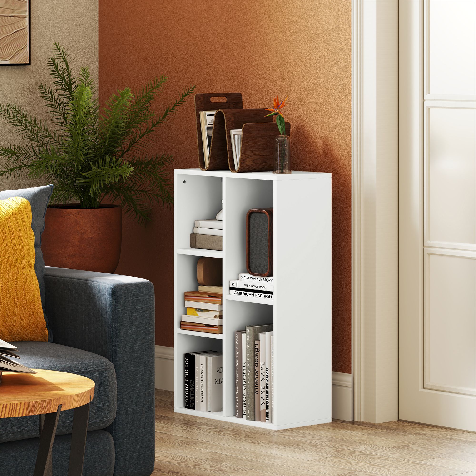 HOMCOM 2-Tier Bookshelf with 5 Open Storage Compartments in White