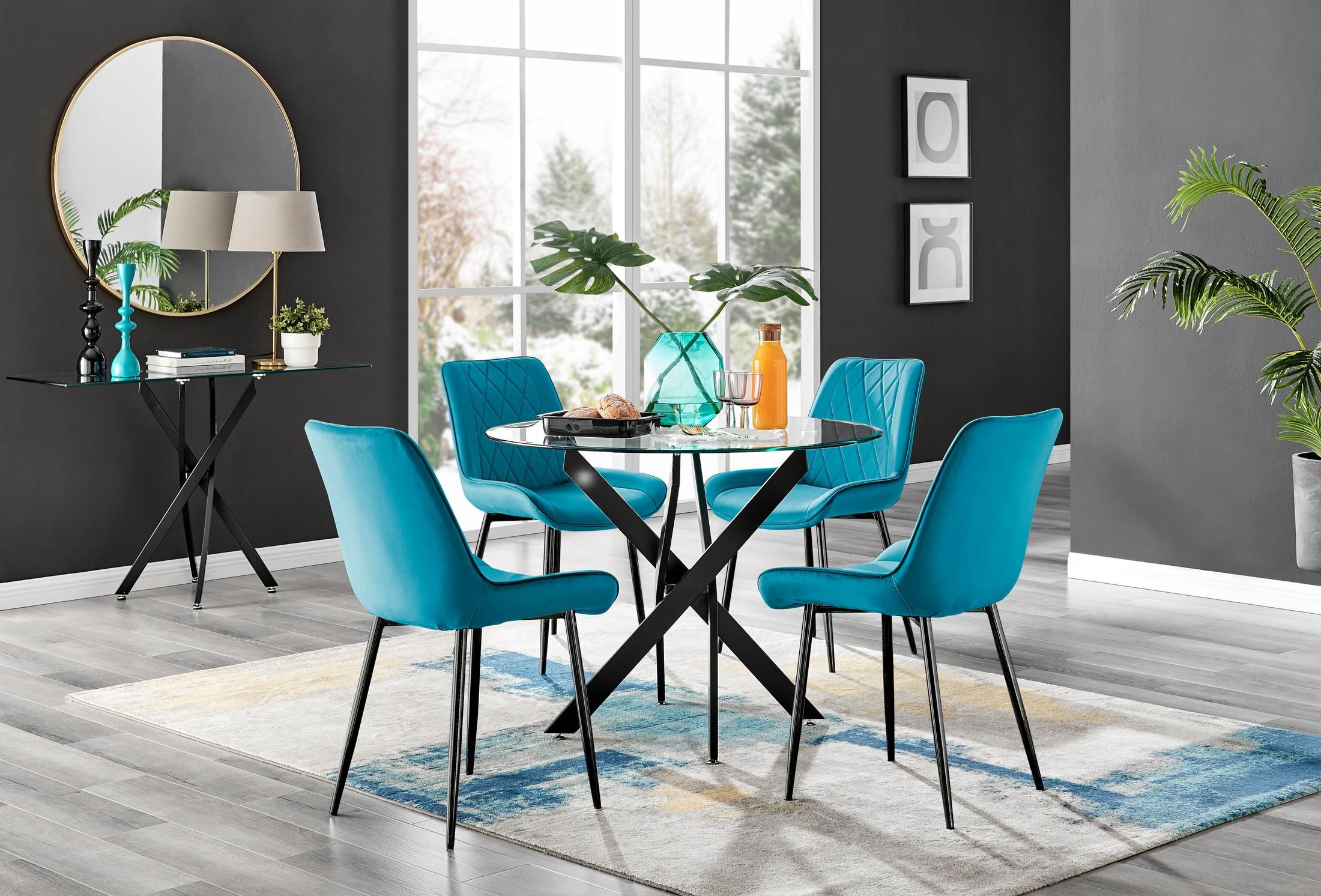 FurnitureboxUK Novara 4 Seater Black Leg Round Glass Dining Table & 4 Pesaro Soft Velvet Black Leg Chairs in Blue