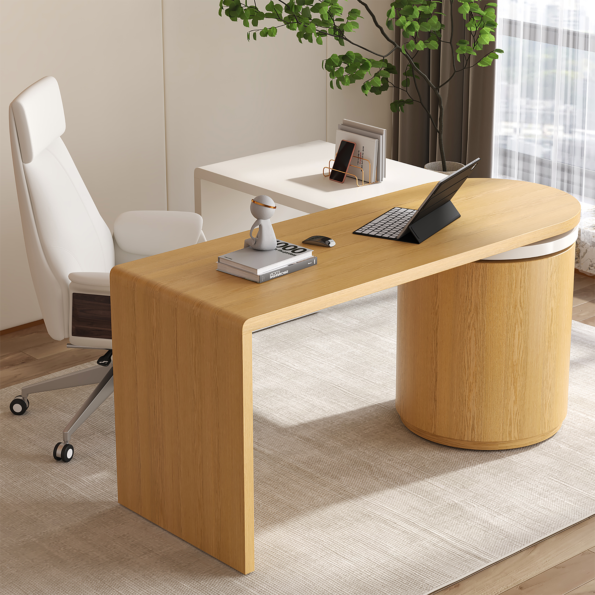 Modern Natural & White 360° swivel L Shaped Executive Desk with Cabinet & 2 Drawers  (59.8'') Home Office Furniture