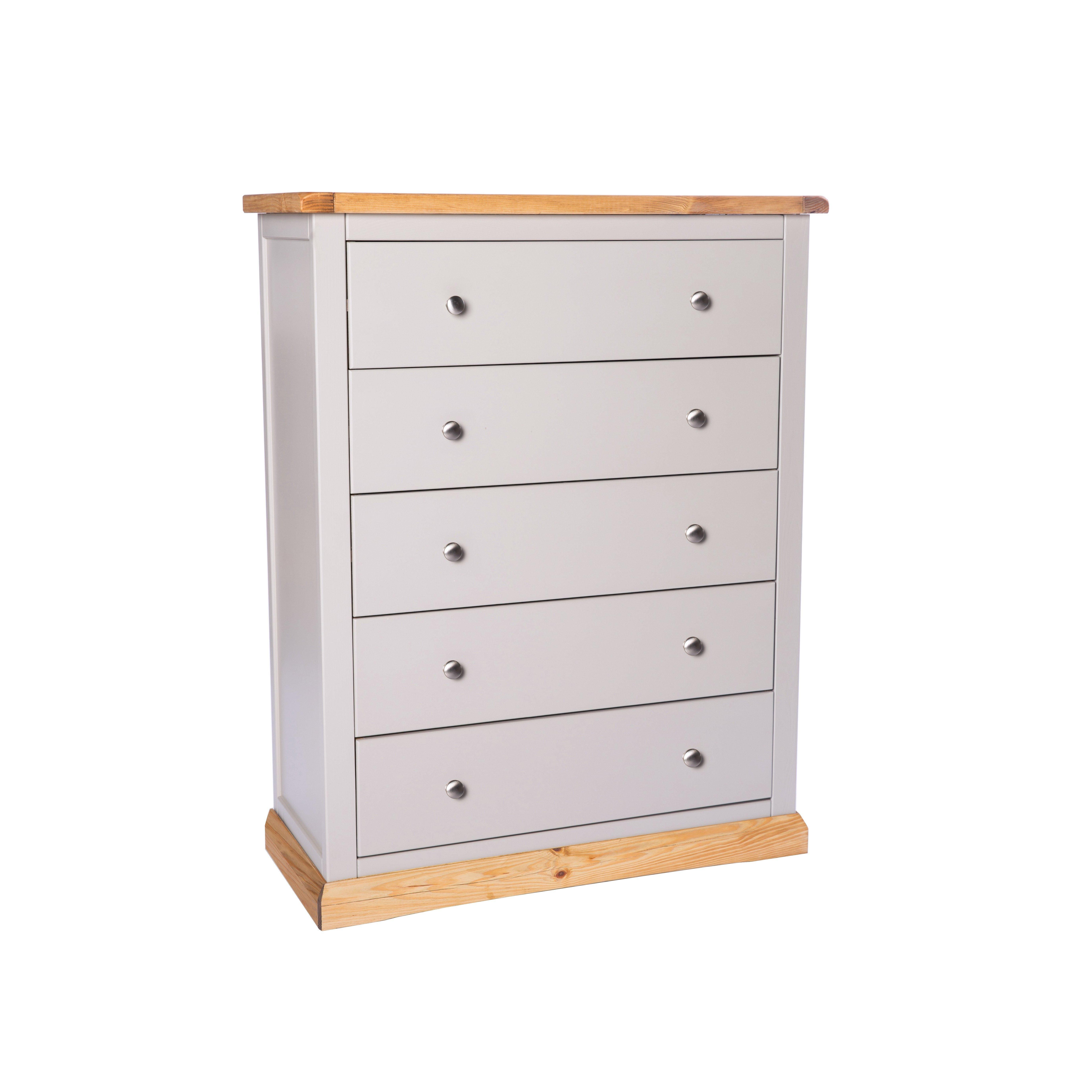 Cabinet Bits Bomporto 5 Drawer Chest of Drawers Chrome Knob in Light Grey