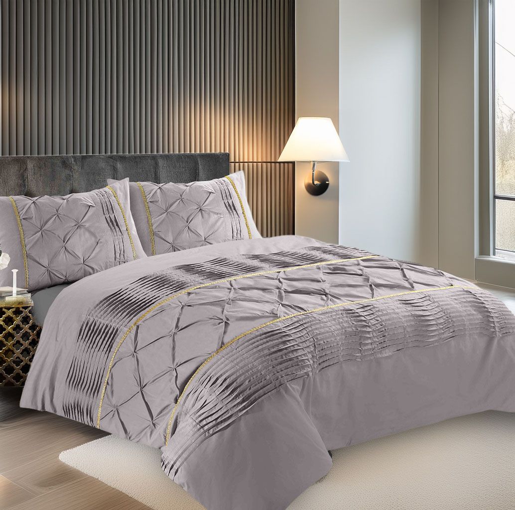 Snug City Duvet Cover & Pillowcase Set Modern Pintuck Border Pleated Bed Linen in Silver