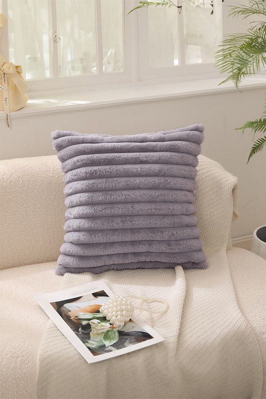 Living and Home 45x45cm Brushed Fabric Cushion Fluffy Striped Throw Pillow in Grey