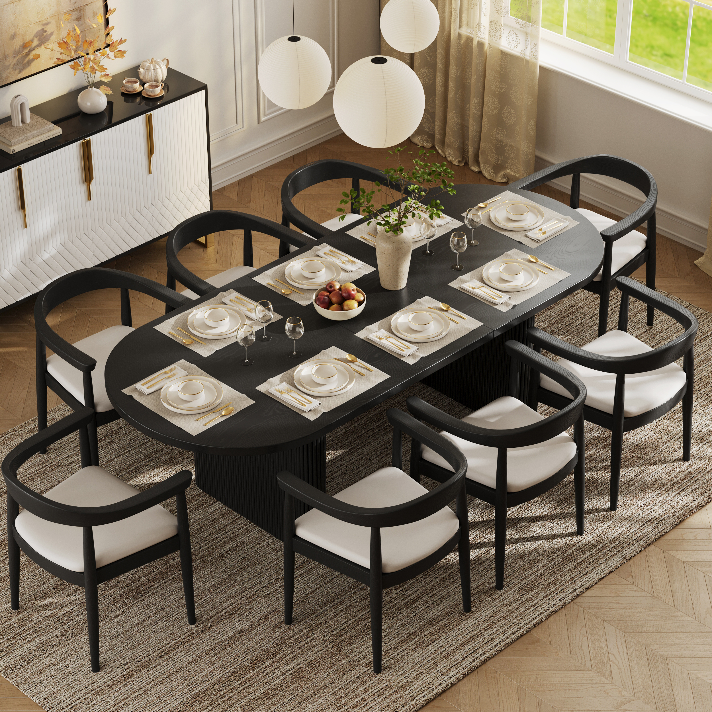 Japandi 2000mm-2400mm Oval Extendable Black Dining Table & 8 Dining Chair Set