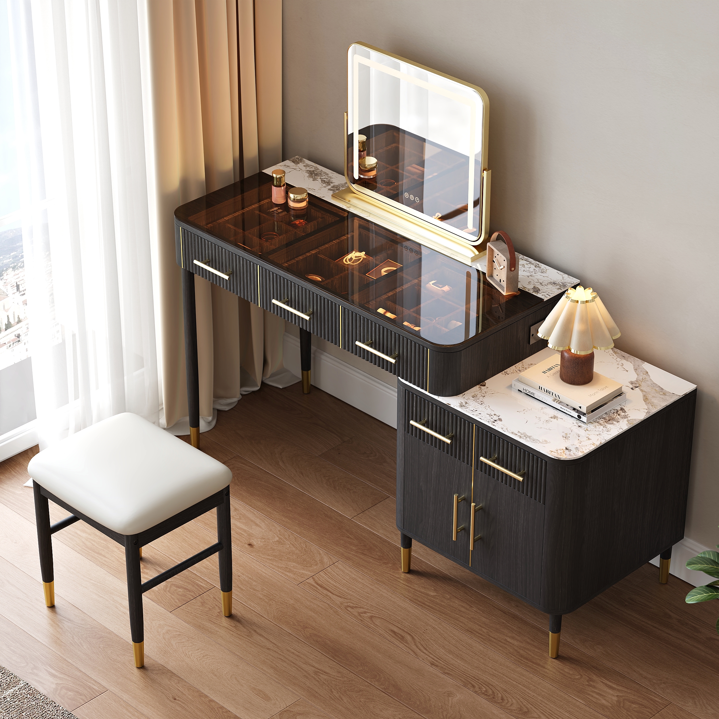 Glass Black Dressing Table with Chair with Lighted Mirror & Stool Mid-Century Modern Dressing Table with Top