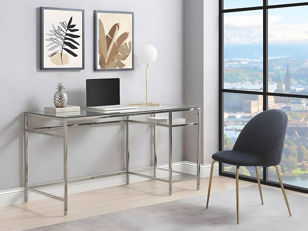 Vente-unique 2-Shelves Desk - Tempered Glass & Steel - Silver - TIZIO in Clear