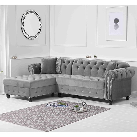 Bicasto Velvet Left Handed Chaise Corner Sofa In Grey
