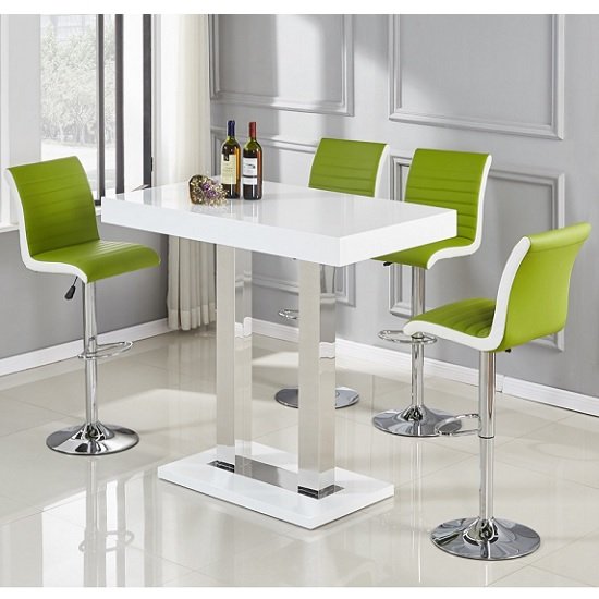 Caprice Bar Table In White High Gloss With 4 Ritz Lime Stools