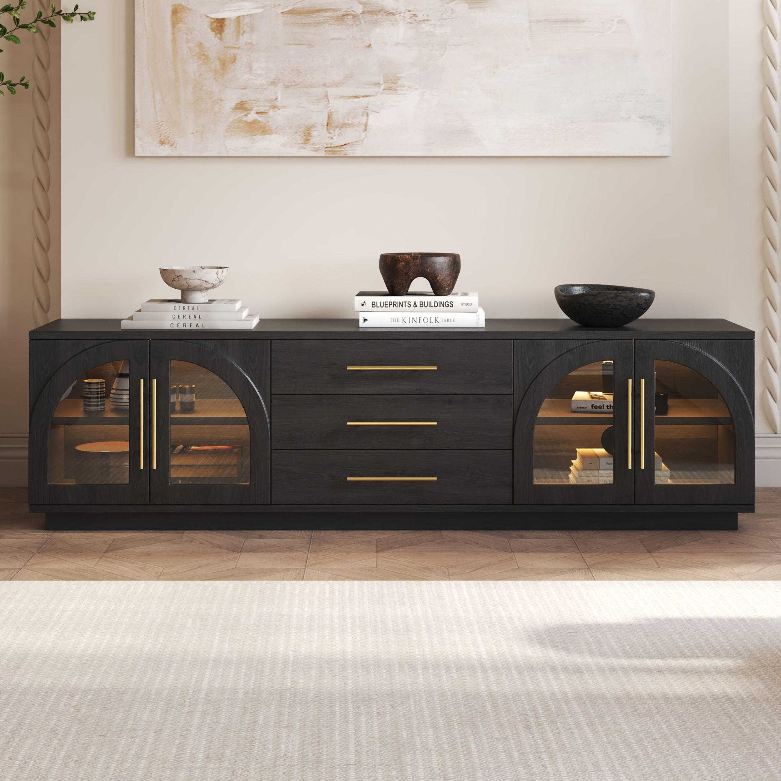 Arune Mid Century Modern Black TV Stand with LED Lights and Arched Glass Cabinet Doors