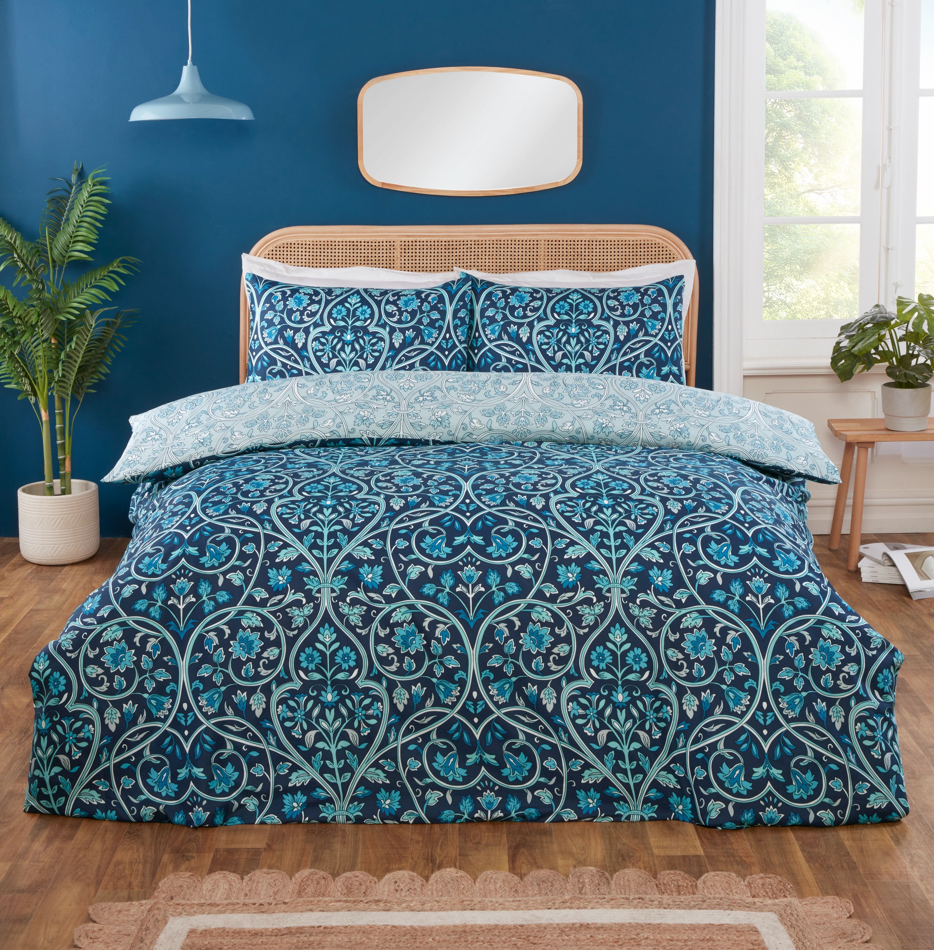 Rapport Home Harrow Microfibre Floral Reversible Duvet Cover Set with Pillowcase in Blue