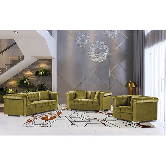 Kenosha Malta Plush Velour Fabric Sofa Suite In Grass