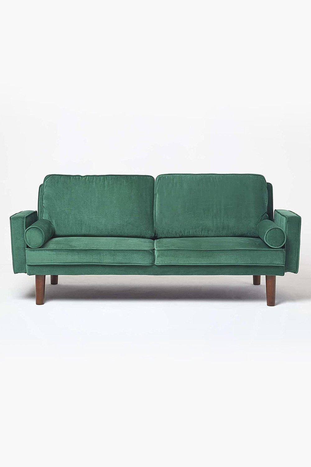 Homescapes Stanley Velvet Click Clack Sofa Bed with Armrests in Dark Green