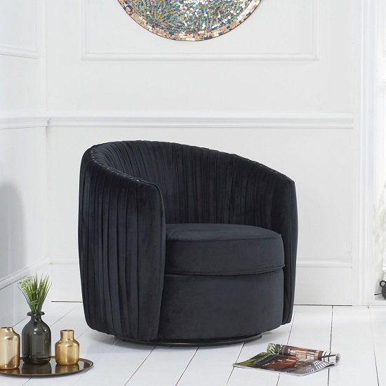 Pavos Tub Design Velvet Swivel Lounge Chair In Black
