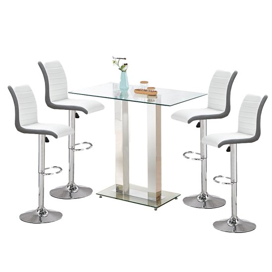 Jet Glass Bar Table With 4 White And Grey Ritz Stools