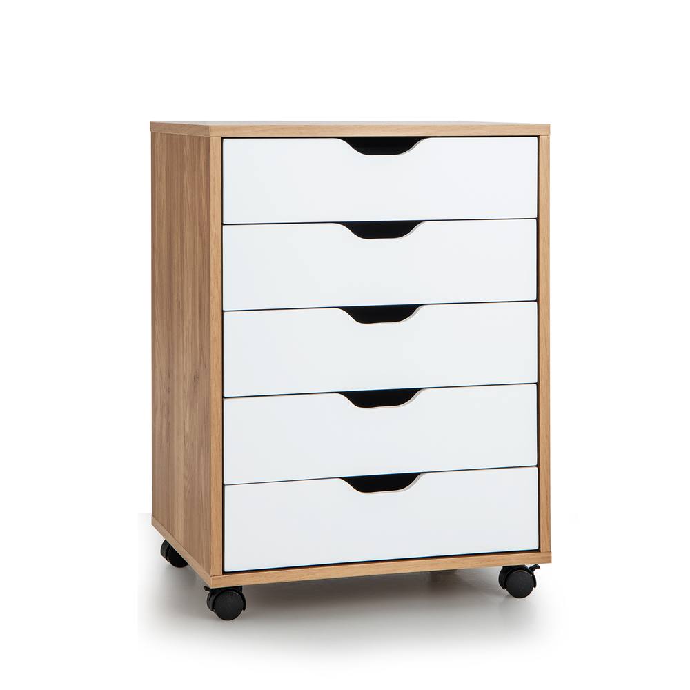Costway 5 Drawer Rolling Storage Cabinet Mobile Chest of Drawers Wooden Dresser Organizer Coffee in Natural