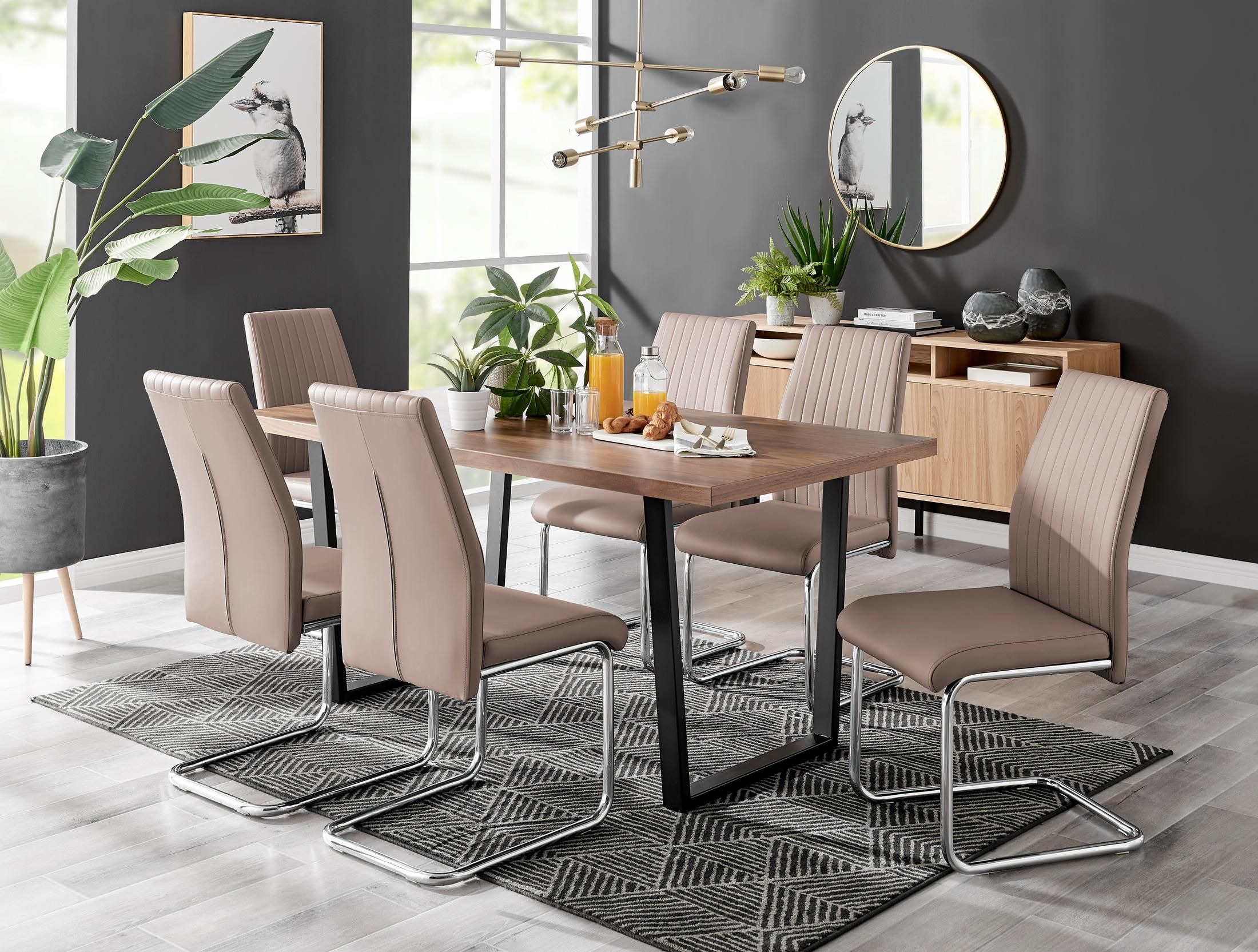 FurnitureboxUK Kylo Large Brown Wood Effect Dining Table & 6 Lorenzo Faux Leather Chairs in Beige